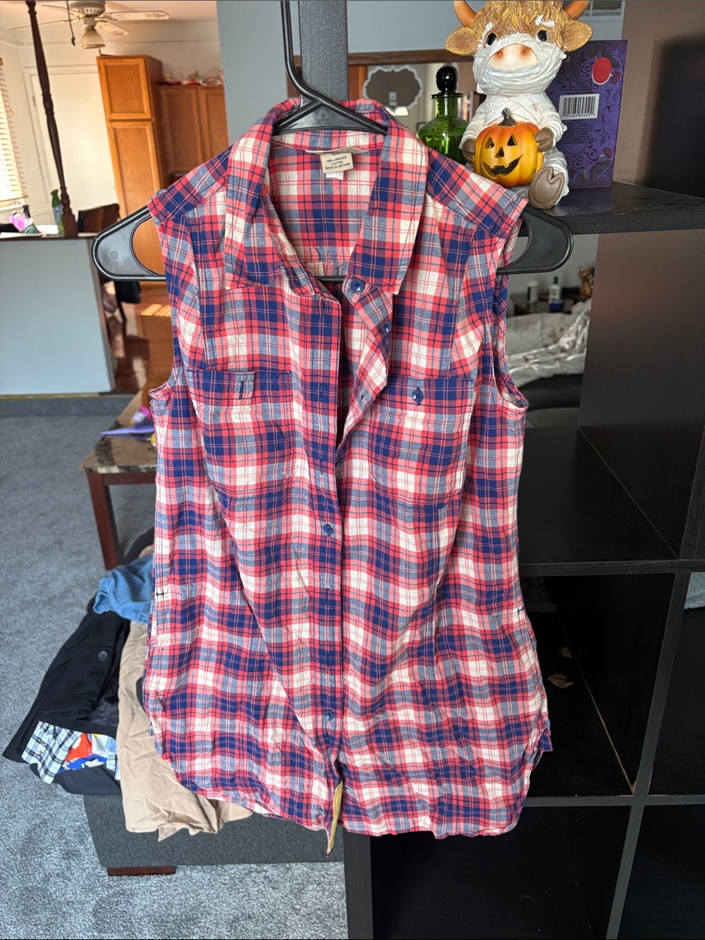 Duluth Trading Co Plaid Sleeveless Button-Down in Red and Blue